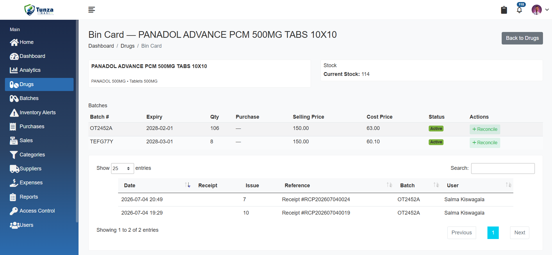 Tunza Nasi bin card for a single drug, showing batch history and stock movements