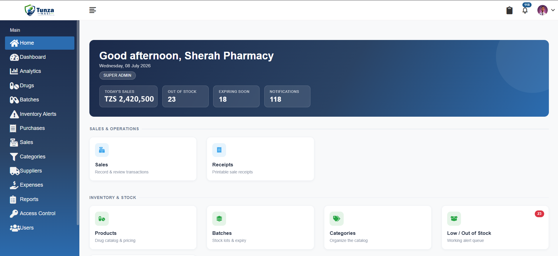Tunza Nasi home screen, showing today's sales, low-stock alerts and quick links to sales, inventory and reporting