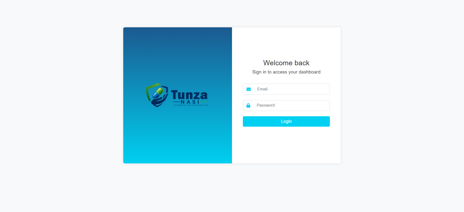 Tunza Nasi sign-in screen